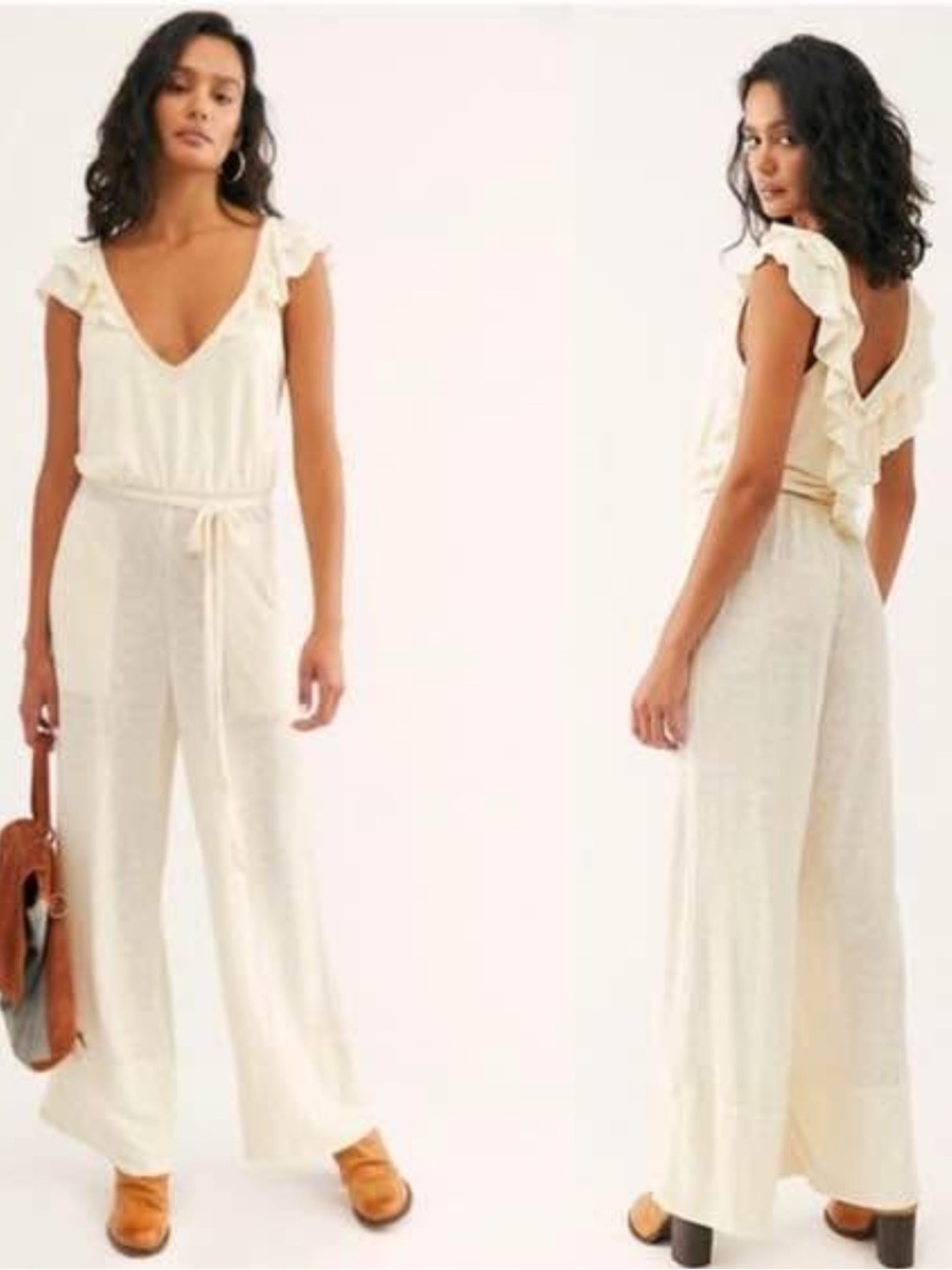 Free People Beach Linen Blend Calluna Jumpsuit Ruffle details tie back size XS - Picture 13 of 15